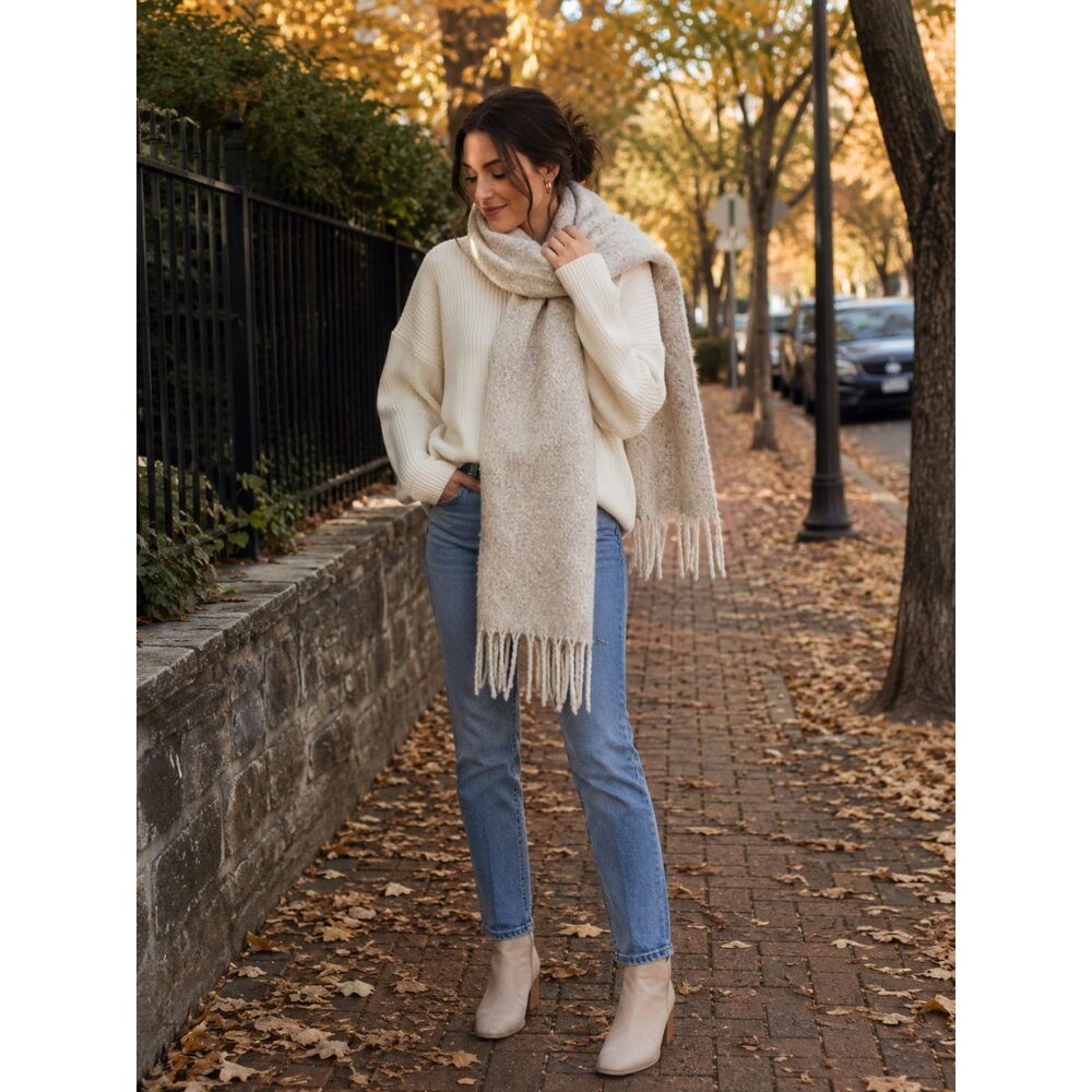 Aerie Cream Speckled Knit Blanket Scarf Fringe Tassel Cozy Fuzzy Oversized Wrap